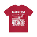Red Short Sleeve Graphic Tee with printed quote : Family First The Second to Protect Them