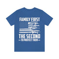Blue Short Sleeve Graphic Tee with printed quote : Family First The Second to Protect Them