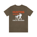 Heather Olive Short Sleeve Graphic Tee with printed quote : Hunting, no mask needed for my groceries.