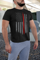 Strong man wearing Black Short Sleeve Graphic Tee with Fire Department Flag print